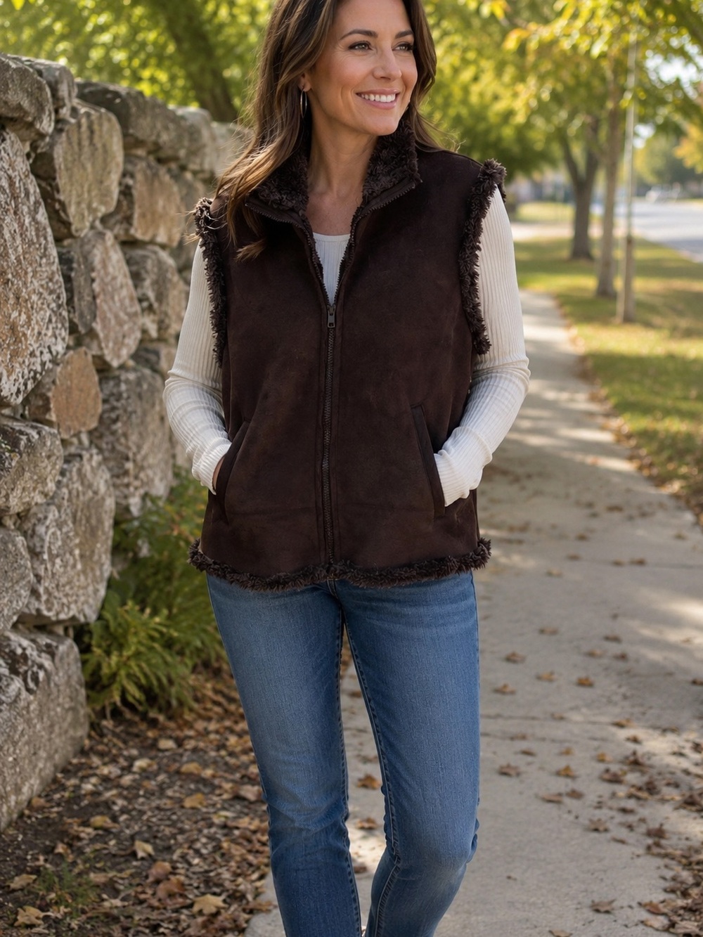 Bass Chocolate Brown Faux-Shearling Zip Vest